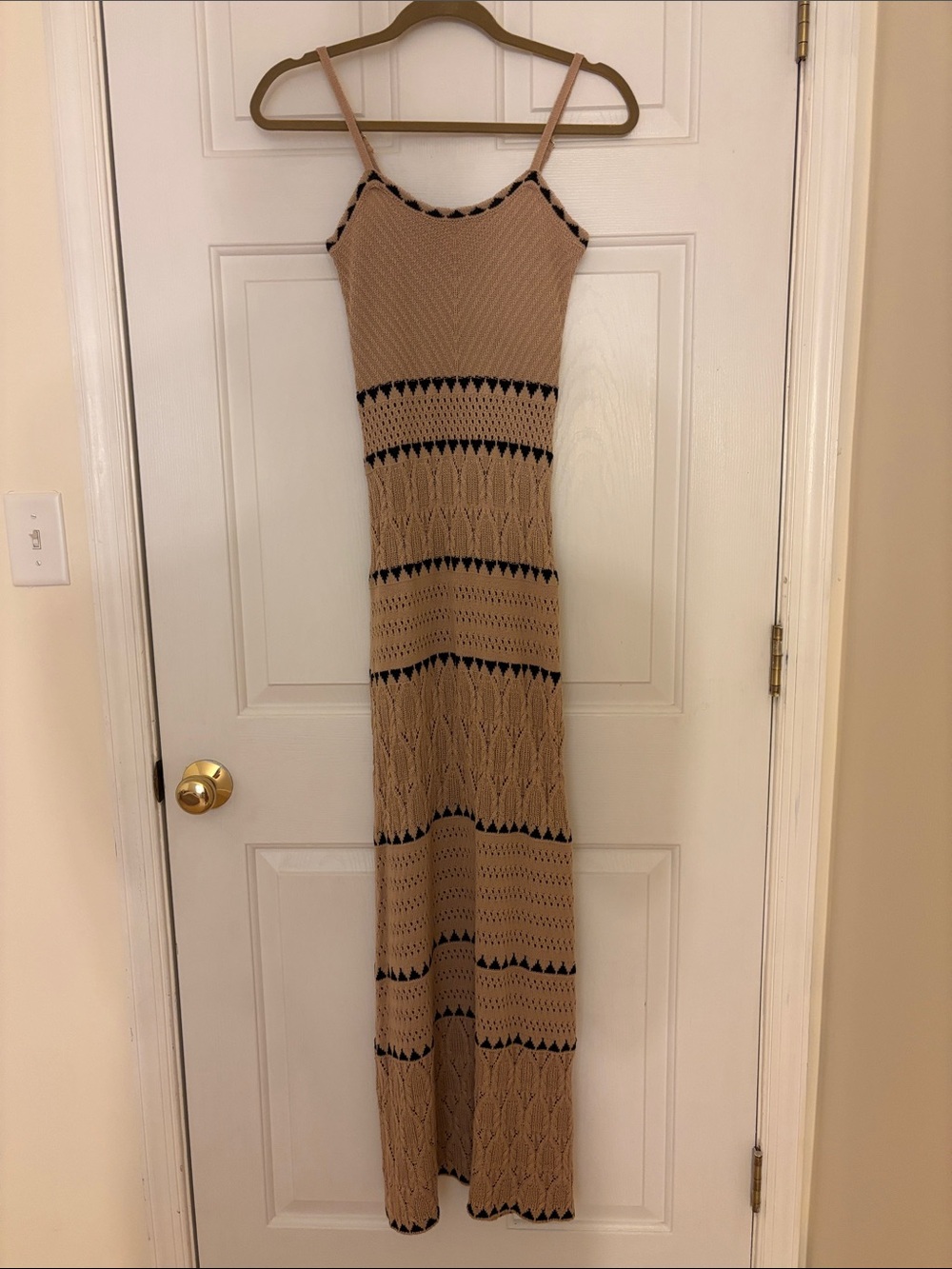 Sleeveless Knit Maxi Dress in Tan with Black Accents